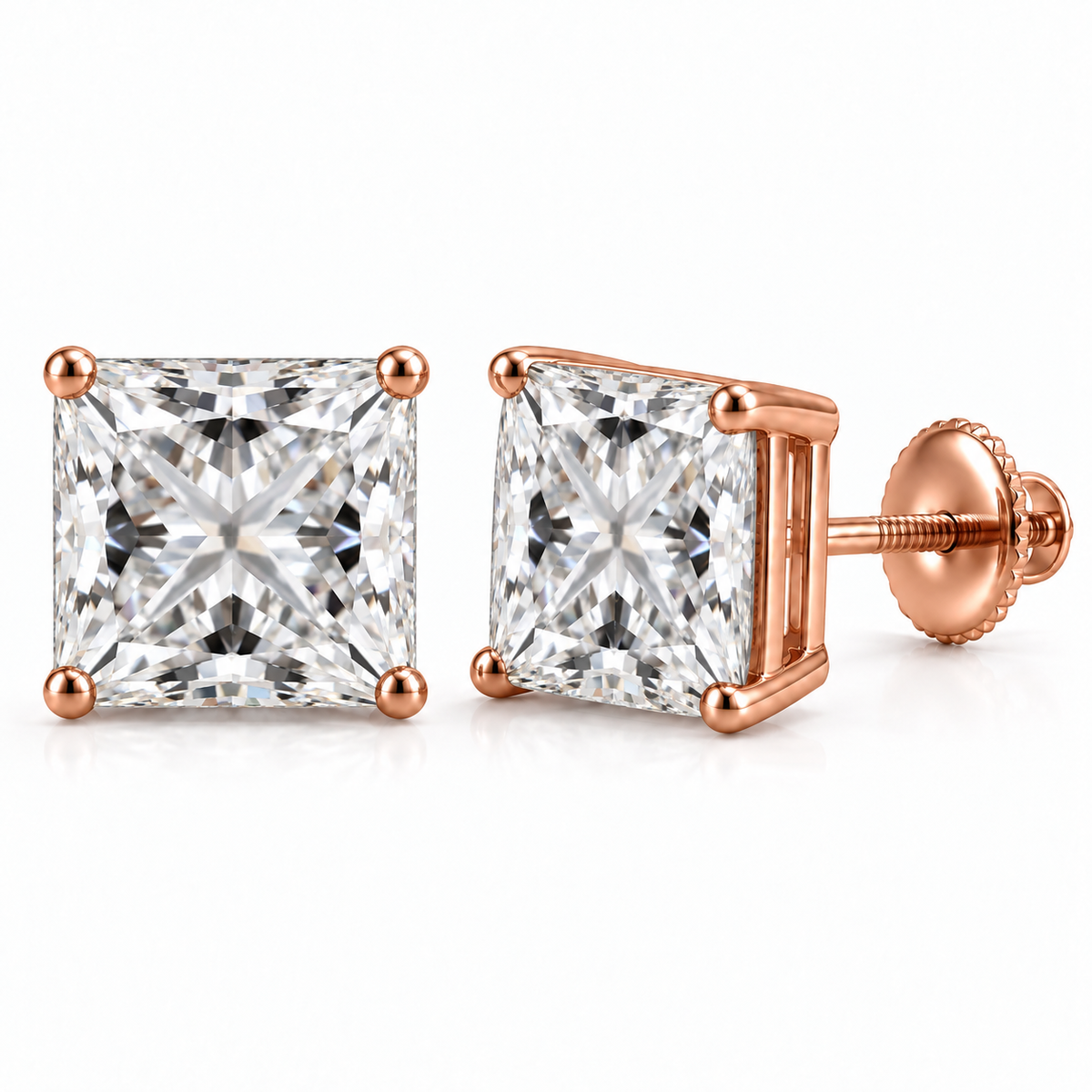 Princess-cut lab-grown diamond stud earrings, 6 carat total weight, 14K rose gold; generated product visualization