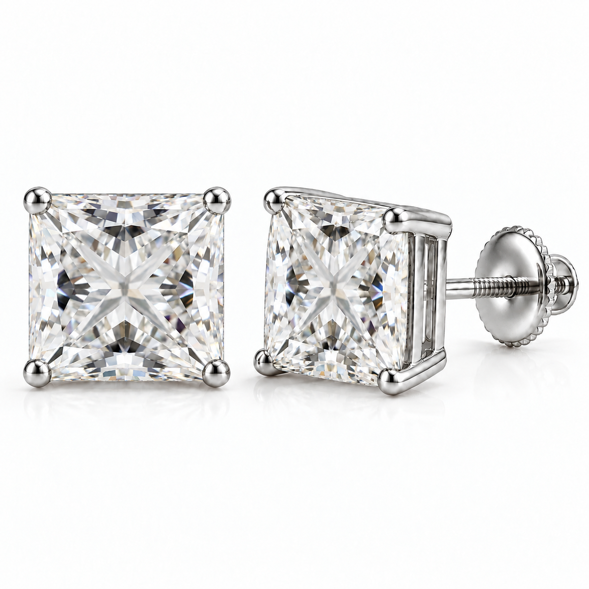 Princess-cut lab-grown diamond stud earrings, 6 carat total weight, 14K white gold; generated product visualization