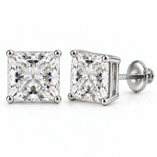 Princess-cut lab-grown diamond stud earrings, 6 carat total weight, 14K white gold; generated product visualization