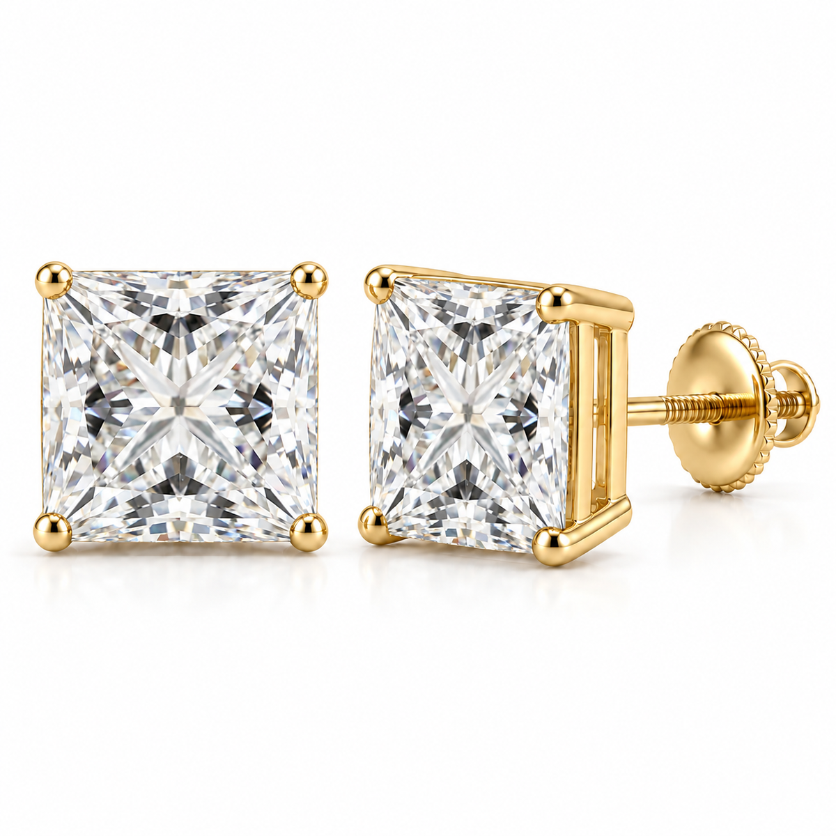 Princess-cut lab-grown diamond stud earrings, 6 carat total weight, 14K yellow gold; generated product visualization
