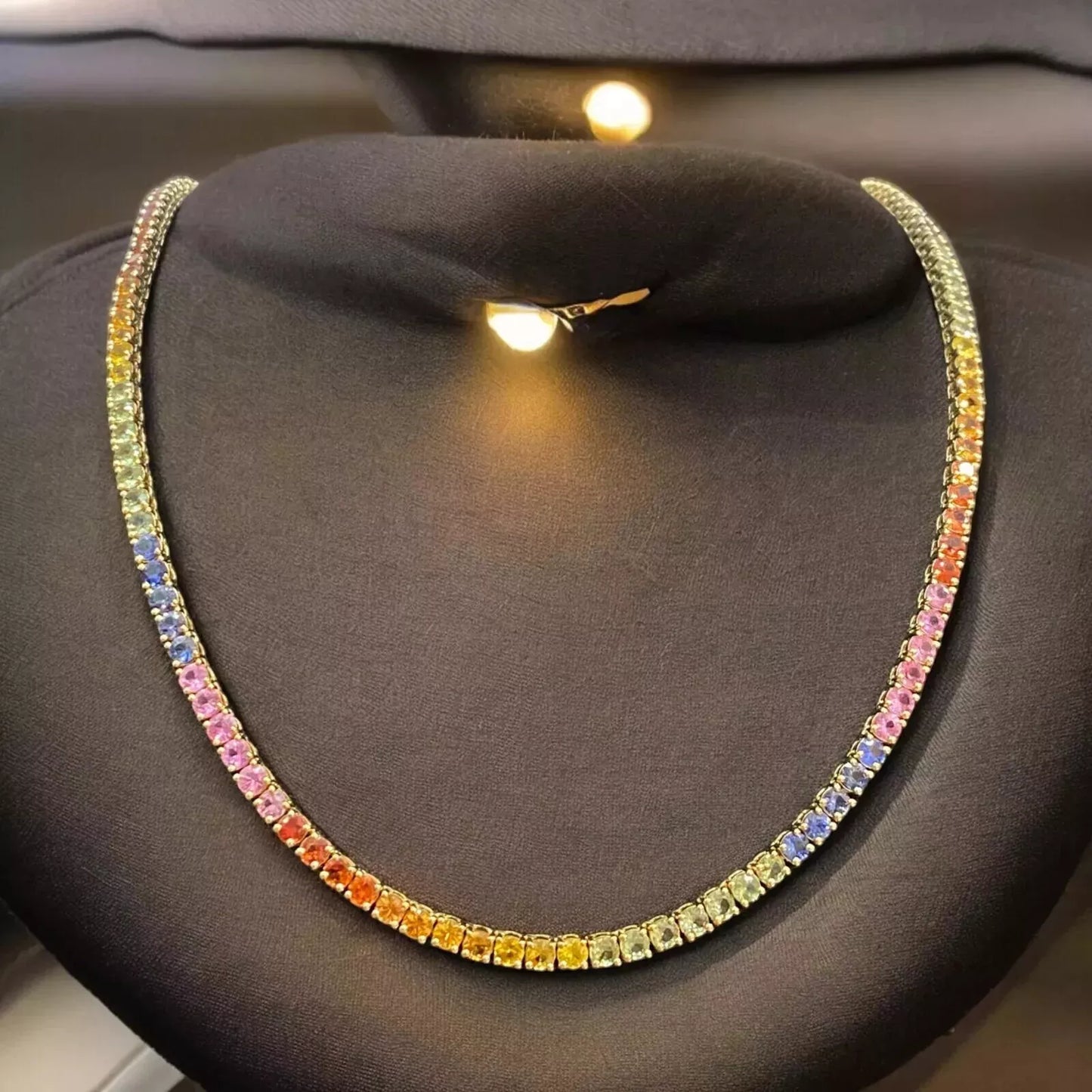 30.5 TCW Round Natural Sapphire Rainbow Tennis Necklace 14K Yellow Gold 20 inch