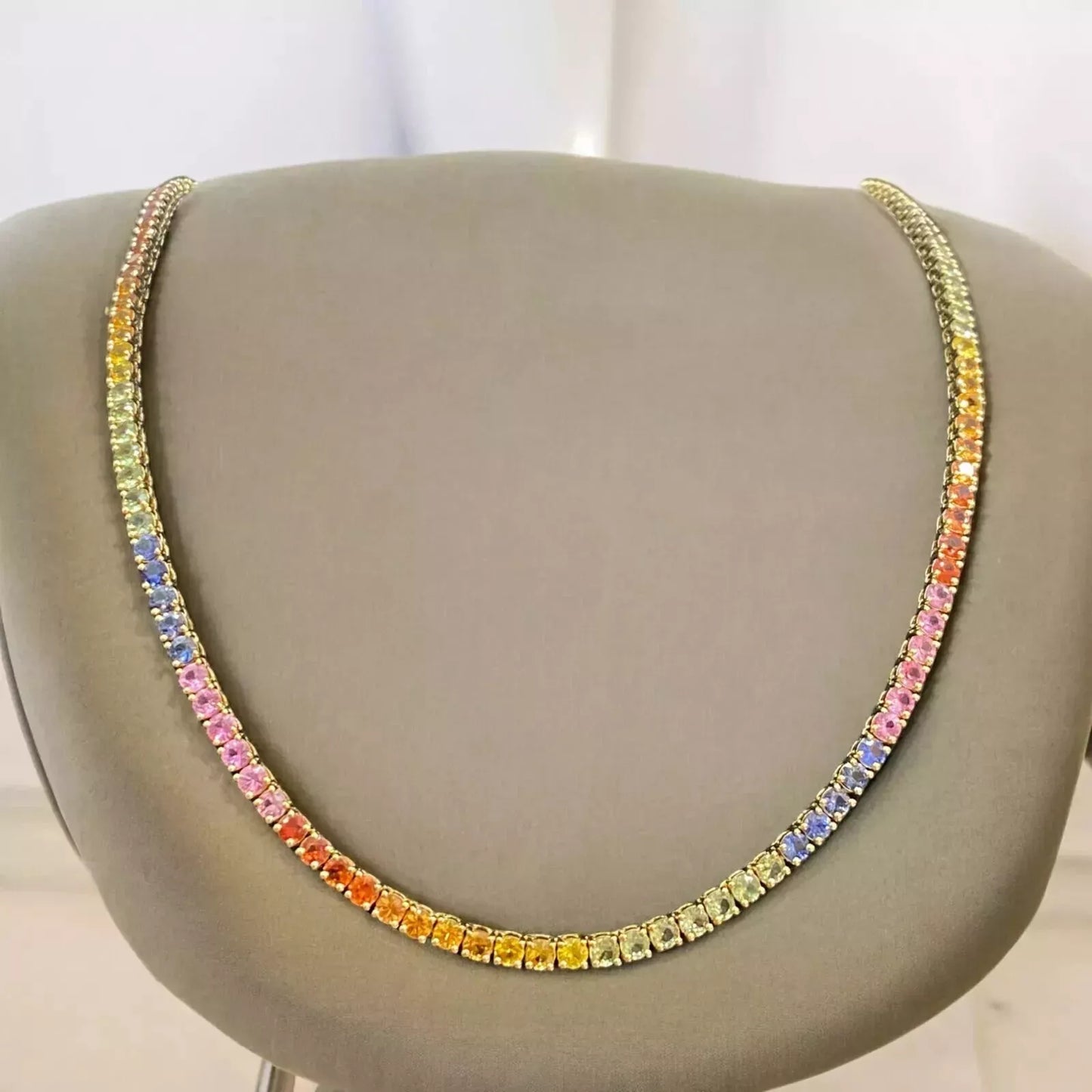 30.5 TCW Round Natural Sapphire Rainbow Tennis Necklace 14K Yellow Gold 20 inch