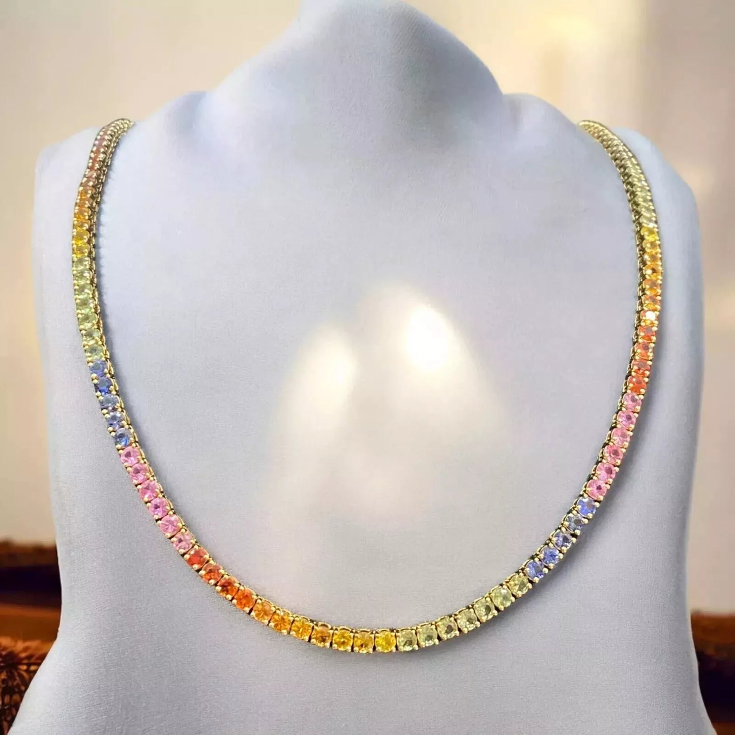 30.5 TCW Round Natural Sapphire Rainbow Tennis Necklace 14K Yellow Gold 20 inch