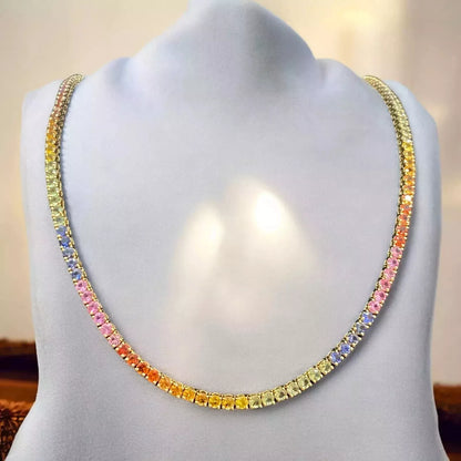 14K Yellow Gold Rainbow Sapphire Tennis Necklace