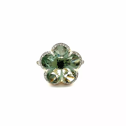 14K Solid Yellow Gold Natural 9.00ct Green Amethyst And Diamond 0.25Ct Ring