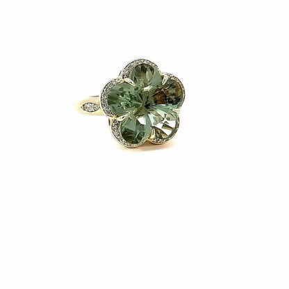 Flower Ring, 14K Yellow Gold, 9 ct Natural Green Amethyst & 0.25 ct Diamonds
