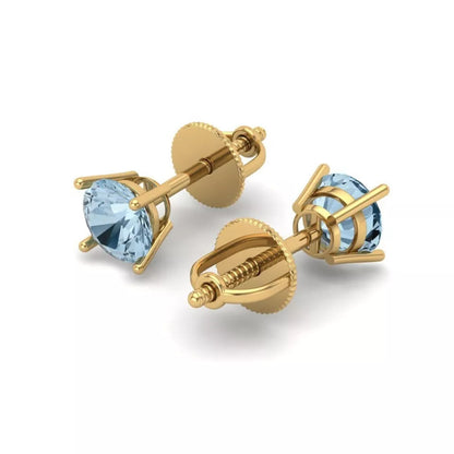 Blue Round Cut Genuine Diamond 4 Prong Solid Yellow Gold Stud Earrings .20 Carat